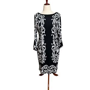 INC dress black & white 3/4 flounce sleeve knit lined bateau neck midi Sz L